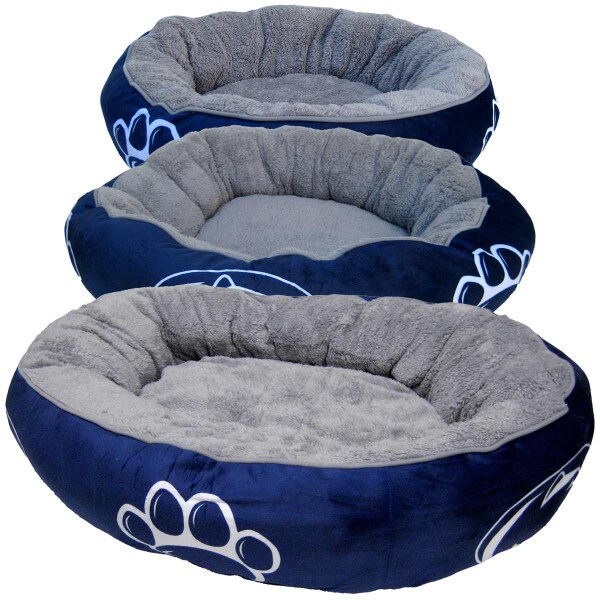 medium, large, and extra large plush pet beds with Penn State Athletic Logos and paw prints